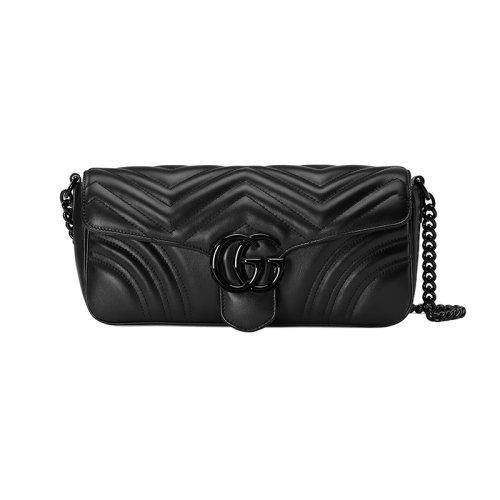 GUCCI/古驰 23春夏新款 Marmont系列 女士黑色人字纹绗缝皮革同色陶瓷效果黄铜饰面双G拆卸链式肩带单肩斜挎包734814AABS11000