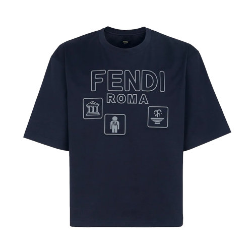 FENDI/芬迪 22年早春新款 男士深蓝色纯棉对比色Logo Icon图案短袖T恤FY1129AIFVF0QG3