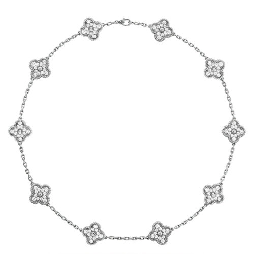Van Cleef & Arpels/梵克雅宝 经典Vintage Alhambra系列 18k金白金镶钻石10四叶草项链VCARA42400