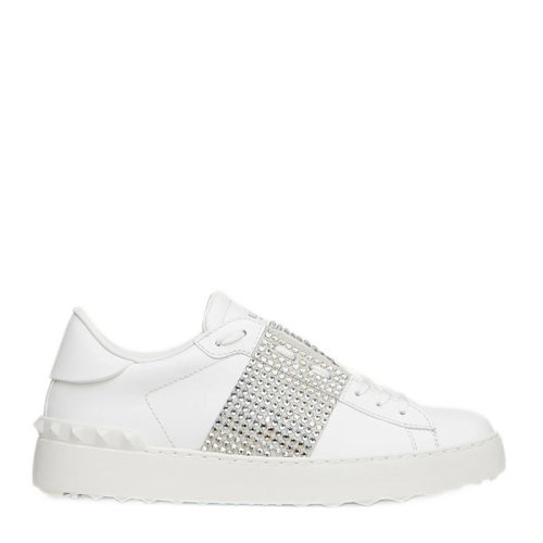 Valentino/华伦天奴 女士白色小牛皮中央条纹仿水晶贴花铆钉装饰休闲鞋运动鞋小白鞋平底鞋单鞋女鞋 WW2S0781-ZZC-E42