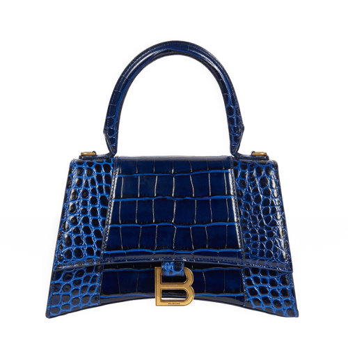 Balenciaga/巴黎世家 经典HOURGLASS 系列 蓝色鳄鱼压纹小牛皮小号斜挎单肩沙漏包