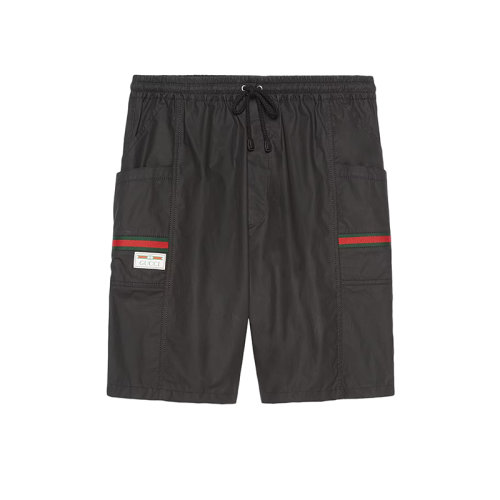  GUCCI/古驰 22年秋冬新款 男士黑色涂层纯棉饰有红绿丝带细节短裤?604172XDBCH1043