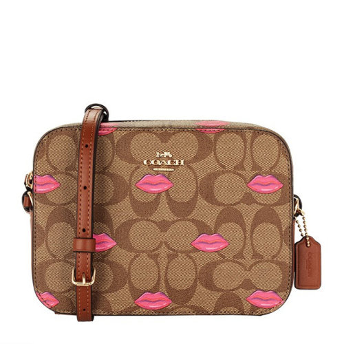 COACH/蔻驰女士浅棕色PVC/配皮经典双C字母徽标嘴唇印花拉链开合单肩包斜挎包相机包女包 C3569IMS5U