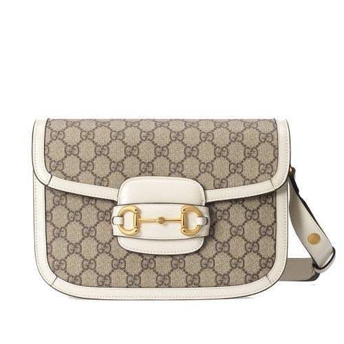  GUCCI/古驰 20 1955系列 经典老花帆布拼接白色皮革饰马蹄扣单肩包 60220492TCG