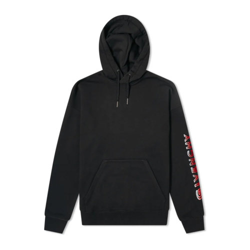 Givenchy/纪梵希 男士黑色棉质平纹针织经典字母徽标印花装饰长袖上衣卫衣连帽衫套头衫运动衫 BMJ05V30AF-001