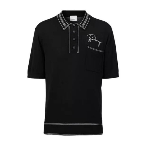 Burberry/博柏利 黑色口袋花体字母真丝男士短袖Polo衫