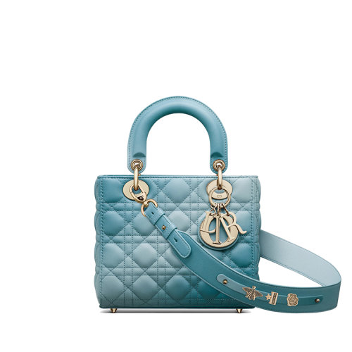 DIOR/迪奥 22新款 LADY DIOR系列MY ABCDIOR 女士天蓝色渐变小羊皮藤格纹配金扣单肩斜挎手提戴妃包（勋章款）M0538OZAQ_M76E