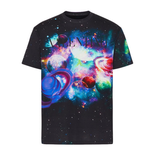 Valentino/华伦天奴 男士黑色棉质平纹针织经典字母徽标星球印花装饰圆领短袖上衣T恤 WV3MG10V-7L9-U03