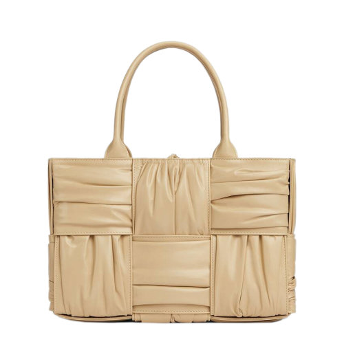 Bottega Veneta/葆蝶家 22新款 女士小号浅咖色小牛皮褶裥Intreccio图案黄铜饰面配拆卸肩带黄铜饰面单肩手提托特包729043V2FY19796