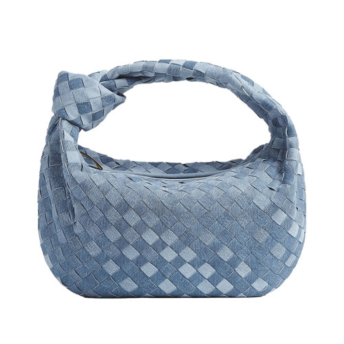 Bottega Veneta/葆蝶家 22新款 女士中号蓝色牛仔布编织效果羔羊皮拉链开合黄铜饰面手提包690225V2H008792