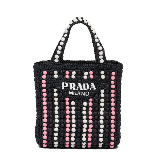 PRADA/普拉达 22新款 女士黑色酒椰纤维搭配彩色木质球串珠单肩手提托特包1BG425_2FJ0_F0002_V_OOO