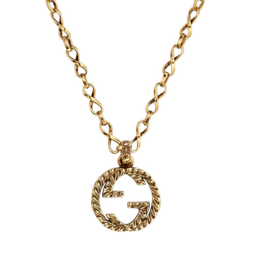 GUCCI/古驰 男女通用经典复古镂空纹理GG吊坠18K金黄金项链 579858J85000718
