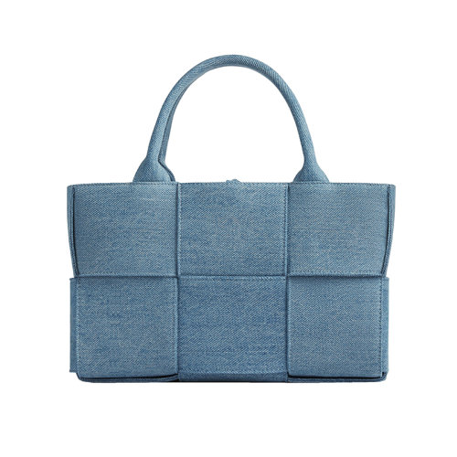 Bottega Veneta/葆蝶家 22新款 女士迷你靛蓝水洗褪色牛仔布饰Intreccio图案银色饰面拆卸肩带拆卸拉链内袋托特包714613V2A014948