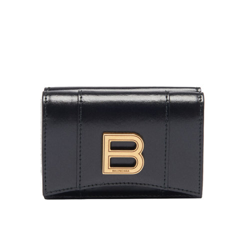 Balenciaga/巴黎世家  HOURGLASS系列 女士迷你黑色亮面小牛皮沙漏钱包6002121QJ4M1000