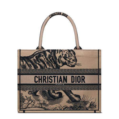 DIOR/迪奥 22新款BOOK TOTE系列 女士中号黑色棕色茹伊老虎印花刺绣单肩手提托特包M1296ZRYV_M16E