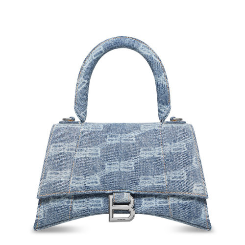 Balenciaga/巴黎世家 22新款Hourglass系列 女士小号蓝色褪色做旧效果牛仔布银扣单肩斜跨手提沙漏包593546210E64716