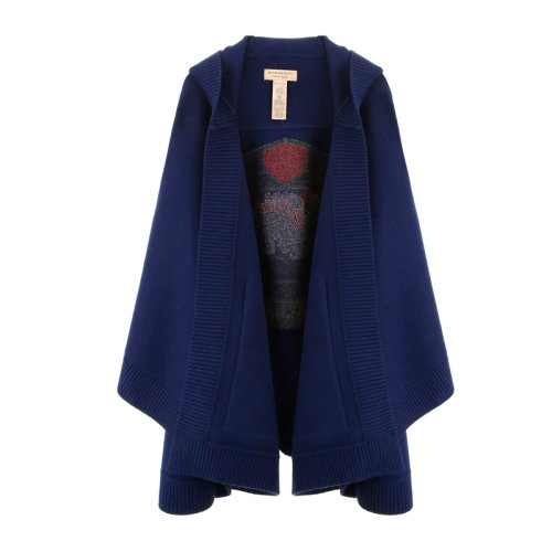 BURBERRY/博柏利 女士蓝色羊毛羊绒混纺字母徽标经典战马麦穗刺绣连帽围巾围脖斗篷披肩 8007213