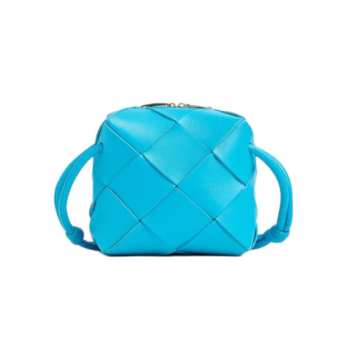 Bottega Veneta/葆蝶家 22新款 女士迷你蓝色羔羊皮编织图案拉链开合金色饰面单肩相机包701915VCQC24619