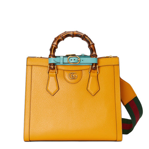 GUCCI/古驰 22新款Diana系列 女士小号黄色皮革竹子提手金扣配可拆卸红绿织物配皮肩带单肩斜跨手提托特包702721U3ZDT7480