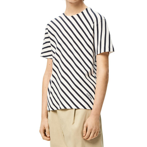 LOEWE/罗意威 22年秋冬新款 男士白色/海军蓝色棉质混纺斜条纹印花T恤H526Y22X29-4933