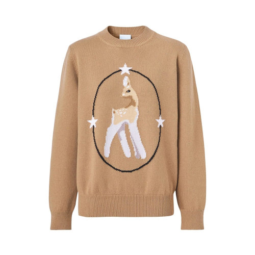 BURBERRY/博柏利 女士米色羊毛混纺羊绒小鹿图案印花装饰圆领长袖毛衣针织衫 8048459