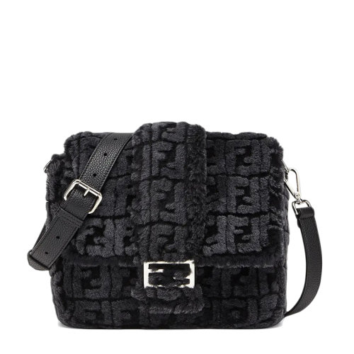 FENDI/芬迪  BAGUETTE系列 女士中号深灰黑色FF图案羊毛配皮单肩斜挎邮差包7VA537AG0SF1481