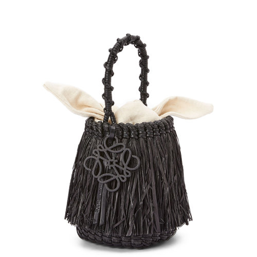 LOEWE/罗意威 22新款Fringe Bucket系列 女士黑色编织物配皮饰黑色徽标吊饰白色帆布内袋单肩手提水桶包A329W68X02-1100
