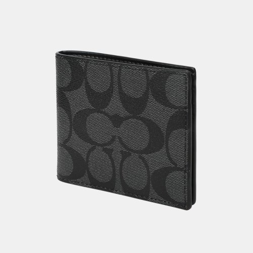 COACH蔻驰 男士奥莱  经典老花短款钱包 66551 QBMI5 炭黑色