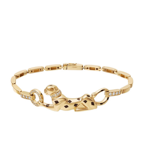 CARTIER/卡地亚 经典PANTHèRE系列 18K金黄金镶钻黑漆点缀沙弗莱石榴石缟玛瑙猎豹手链N6036700