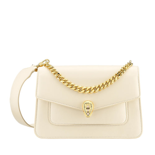 BVLGARI/宝格丽 SERPENTI FOREVER系列 女士中号象牙白色纳帕羊皮黄铜蛇首搭扣金链条斜挎单肩包291227