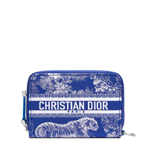 DIOR/迪奥 22秋冬新款Dioriviera系列 女士霓虹蓝织物饰动物刺绣图案多层卡槽拉链开合钱包S5493VNTI_M808