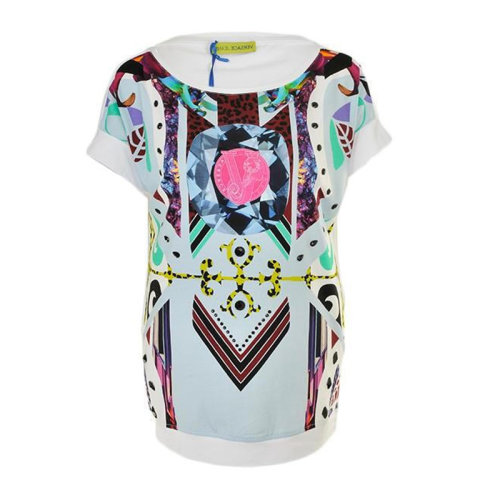 VERSACE JEANS/范思哲牛仔 女士白色棉质艺术图腾印花装饰圆领短袖上衣T恤 B2HPA7B3-6161-003