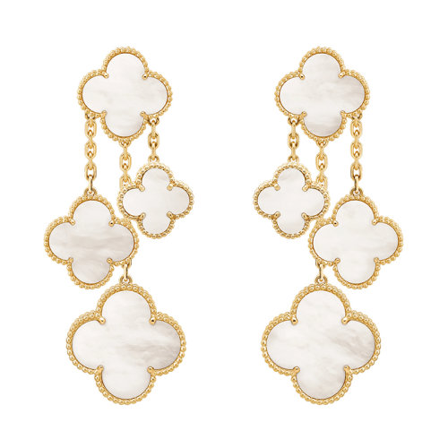 Van Cleef & Arpels/梵克雅宝 经典Magic Alhambra系列 18k金黄金白色珍珠母贝4四叶草耳坠耳环VCARD78900
