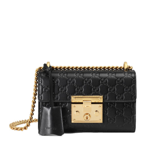 GUCCI/古驰 女士黑色小牛皮双G压纹链条锁扣斜挎单肩包（99新未使用）