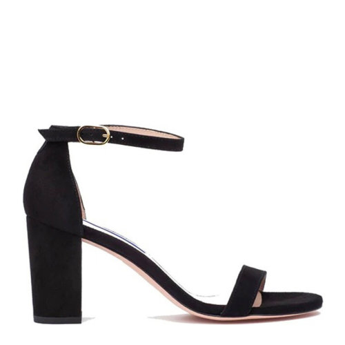 Stuart Weitzman/斯图尔特韦茨曼 SW 女士黑色绒面革可调节式一字带隐藏式松紧带时尚露趾方块鞋单鞋粗跟鞋高跟鞋凉鞋女鞋 NEARLYNUDE-Suede