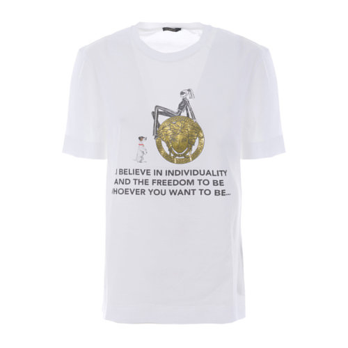 VERSACE/范思哲 女士白色棉质经典字母徽标印花装饰圆领短袖上衣T恤 A77705-A201952-A1001