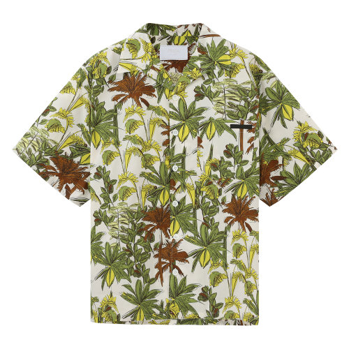 PRADA/普拉达 白色/绿色 男士通体棕榈树印花府绸短袖衬衫 UCS339_1VYX_F0161_S_201