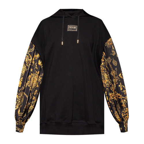 VERSACE JEANS/范思哲牛仔 女士黑色棉质经典字母徽标印花装饰长袖上衣连帽卫衣运动衫套头衫 71HAI315-NS006-G89