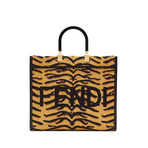 FENDI/芬迪 22春夏新款春节限定SUNSHINE系列 女士中号黑色/深黄色相间帆布老虎纹印花单肩斜跨手提包8BH386AJ7PF1GEU