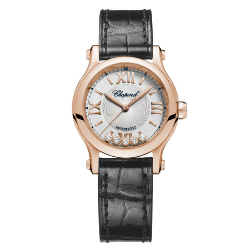  Chopard/萧邦  Happy Sport系列 自动机械表玫瑰金表壳鳄鱼皮表带带钻表盘女表30毫米274893-5011