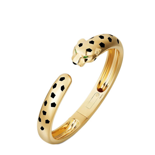 CARTIER/卡地亚 经典PANTHèRE系列 18K金黄金镶嵌缟玛瑙沙弗莱石榴石黑漆点缀猎豹手镯N6715217
