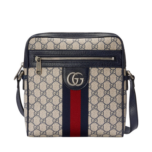 Gucci/古驰 22春夏新款Ophidia系列 男士小号米色/蓝色提花帆布红蓝织带银色徽标老花单肩斜挎邮差包 54792696IWN4076