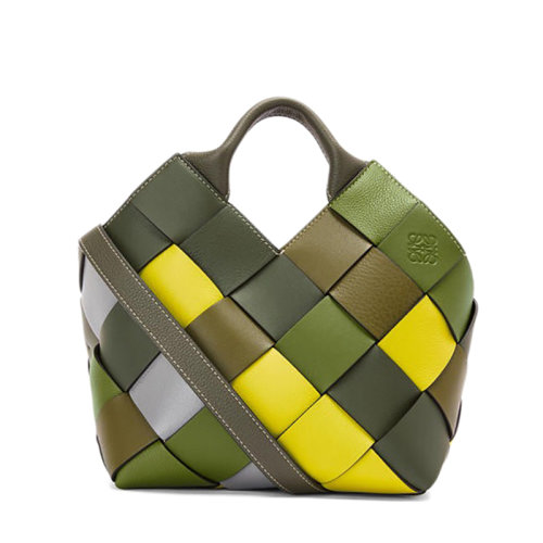 LOEWE/罗意威 22新款Surplus系列 女士小号绿色拼色棋盘格牛皮革编织手提单肩篮子包A521T32X26-4076