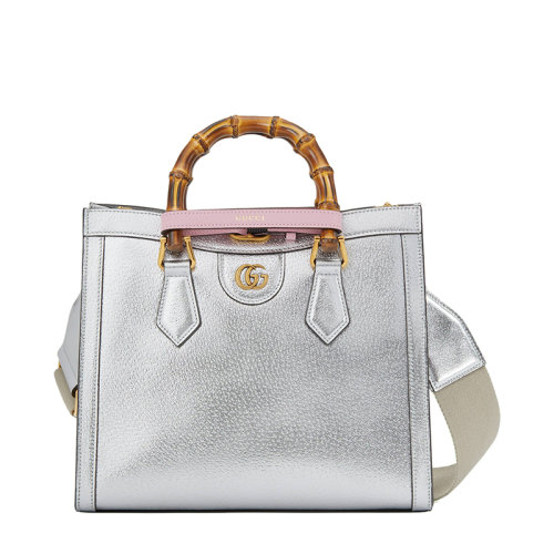 GUCCI/古驰 22新款Diana系列 女士小号银色闪光皮革竹子提手金扣配可拆卸白色织物配皮肩带单肩斜跨手提托特包7027211TRGT8190