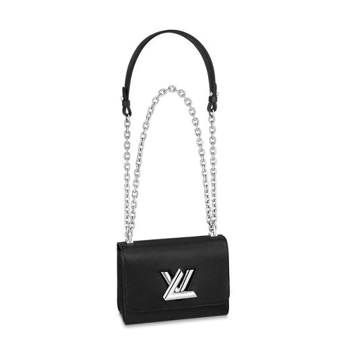 Louis Vuitton/路易威登 经典款TWIST系列 女士小号黑色水波纹牛皮革旋转徽标银扣翻盖开合单肩斜挎链条包 M80836