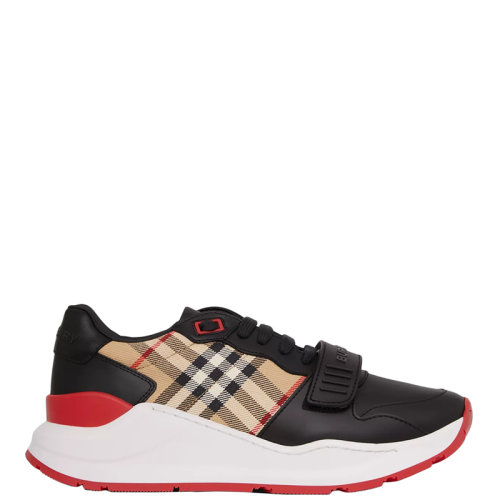 BURBERRY/博柏利 22年早春新款 女士黑色/典藏米色棉质拼小牛皮Vintage格纹红底运动鞋80381841