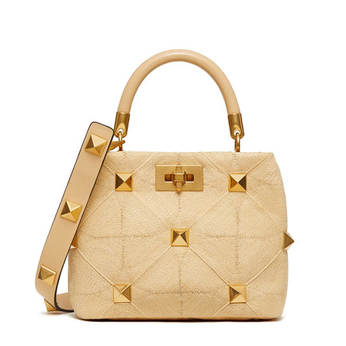 Valentino/华伦天奴 21新款 ROMAN STUD系列 女士小号自然色拉菲草柳丁金属扣单肩斜挎手提包WW2B0I97WEMO39