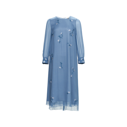 HUI/卉 女士连衣裙20春夏浅蓝色刺绣真丝飘带收腰假两件连衣裙