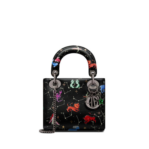 DIOR/迪奥 经典款LADY DIOR系列 女士黑色小牛皮饰Dior Pixel Zodiac图案印花金属扣单肩斜挎手提包M0505BNER_M911