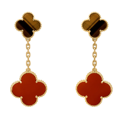 Van Cleef & Arpels/梵克雅宝 经典款MagicAlhambra?系列 18K金黄金镶嵌虎眼石和红玉髓耳坠四叶草耳环 VCARN5JR00